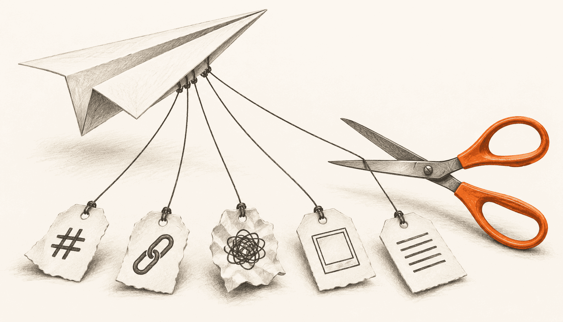 A paper airplane is tethered to five cluttered tags, with orange-handled scissors ready to cut a thread. Charcoal pencil illustration on cream with orange highlights.