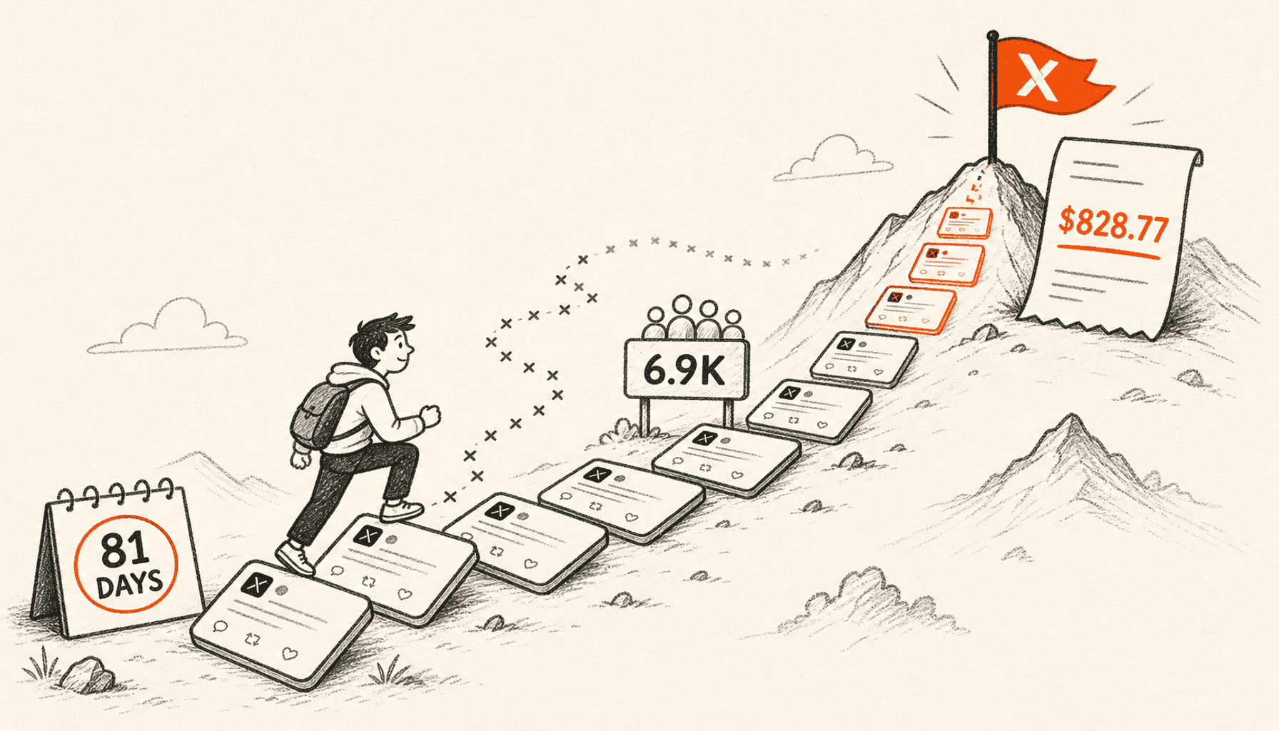 A creator climbs a mountain path made of X post cards from an 81-day calendar past a 6.9K follower milestone toward a summit flag and $828.77 payout receipt, drawn in charcoal line art on cream with orange highlights.