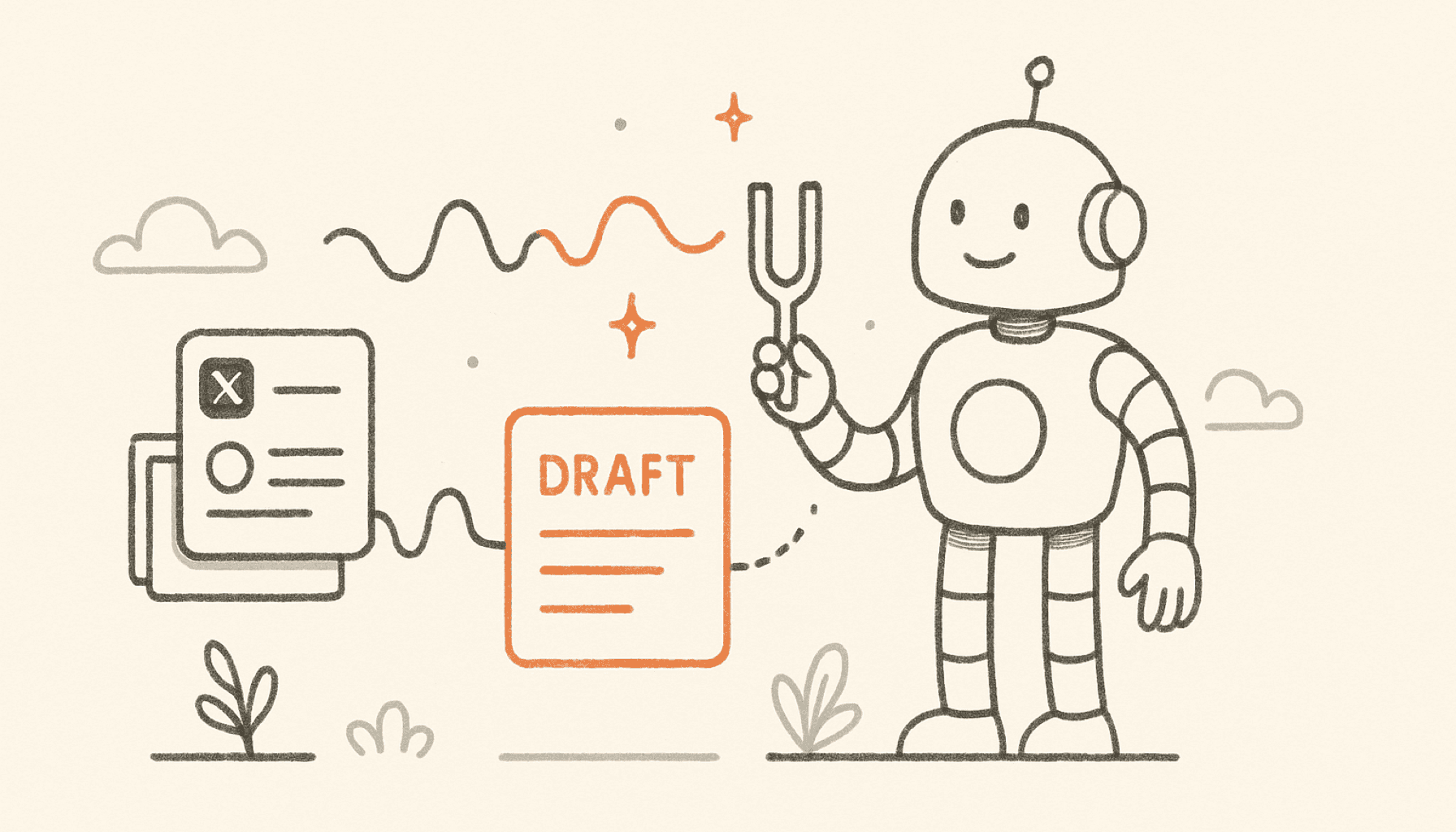 A friendly line-art robot holds a tuning fork while a sound wave runs from a stack of X post cards into an orange draft card, drawn in charcoal line art on cream.