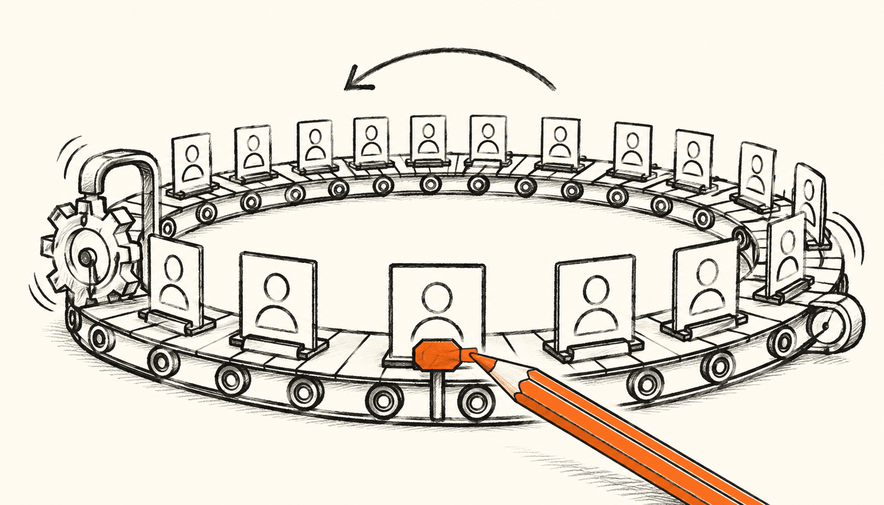 A conveyor carrying repeated profile cards beside an orange pencil and stop tab, in charcoal line art on cream.