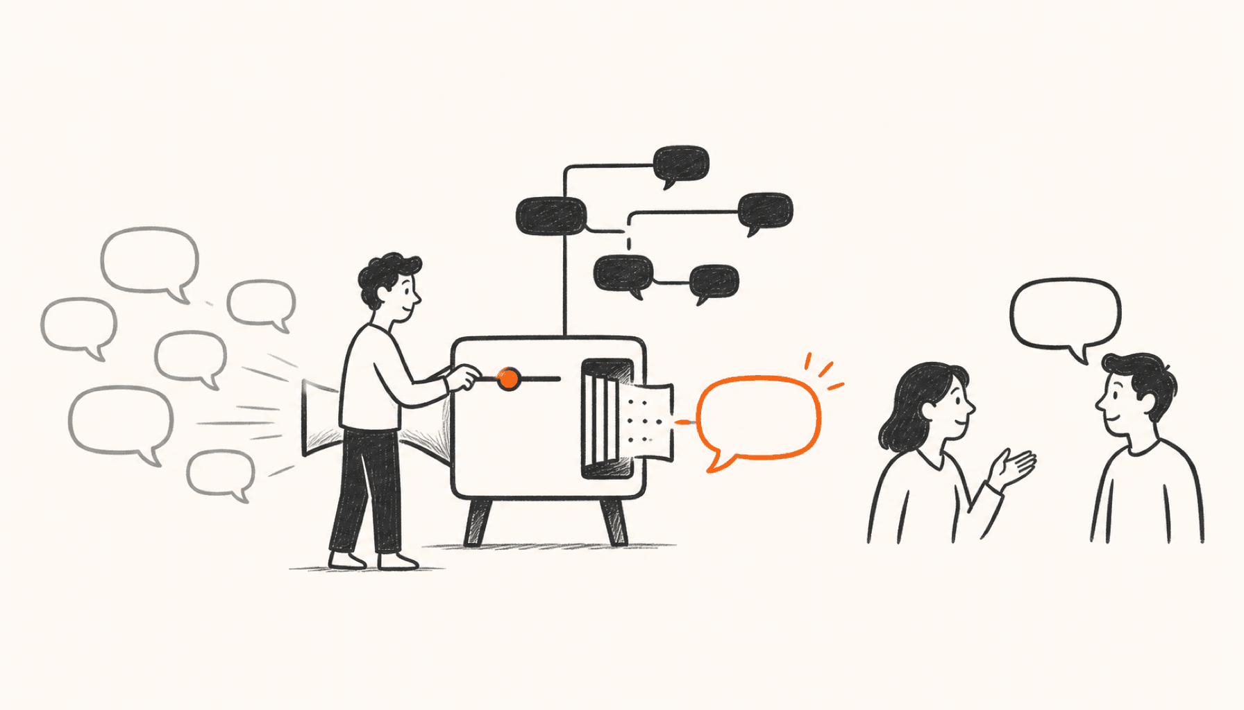 A founder filters several generic reply bubbles into one context-aware orange conversation, drawn in charcoal line art on cream with orange highlights.