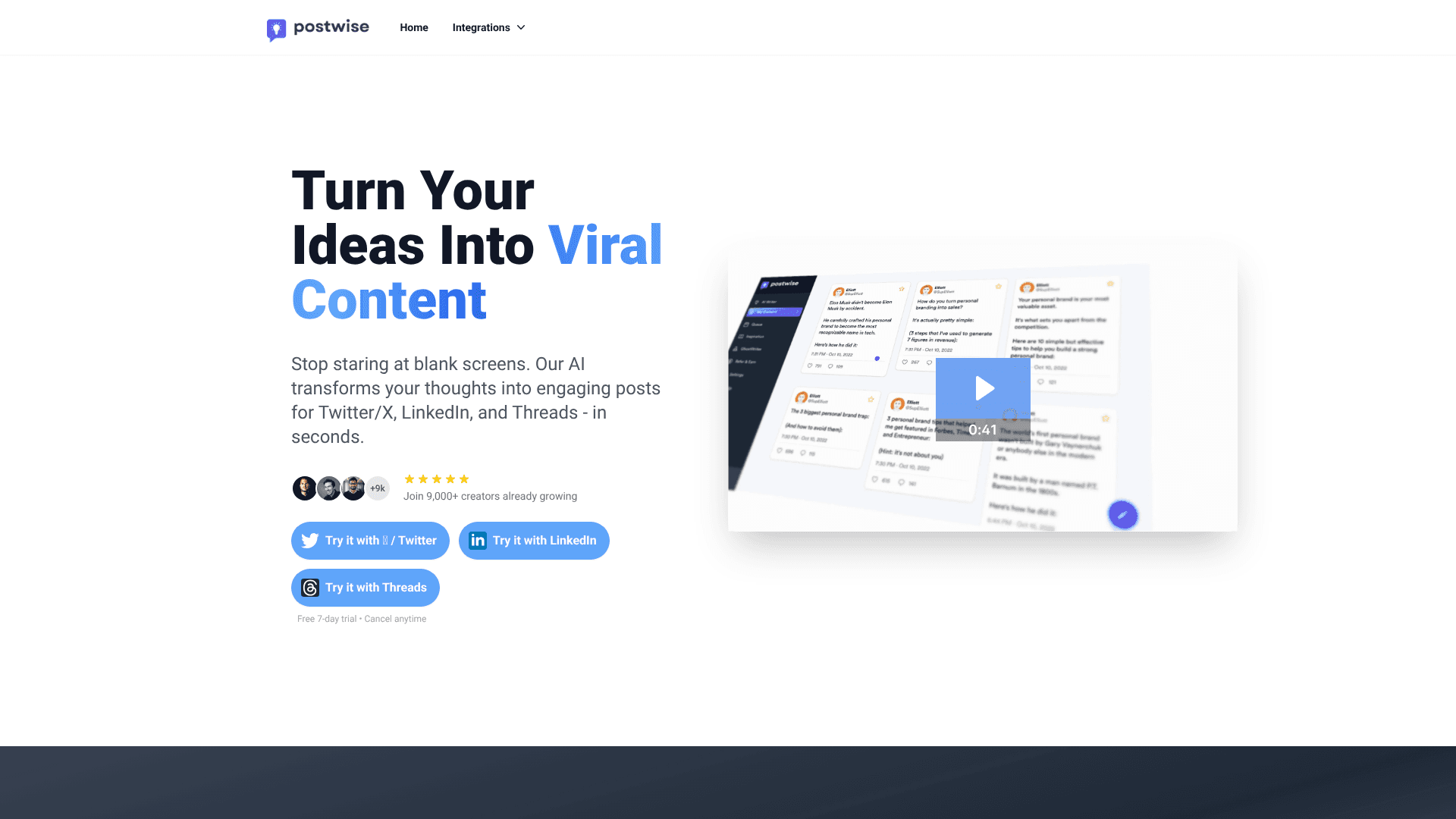 Postwise website showing its AI social writing product