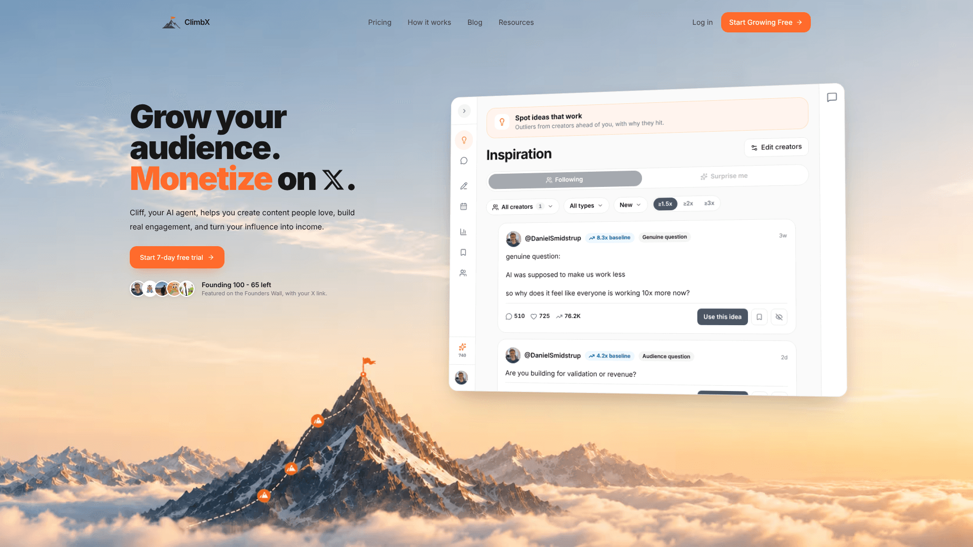 ClimbX website showing its workflow for researching, drafting and growing on X