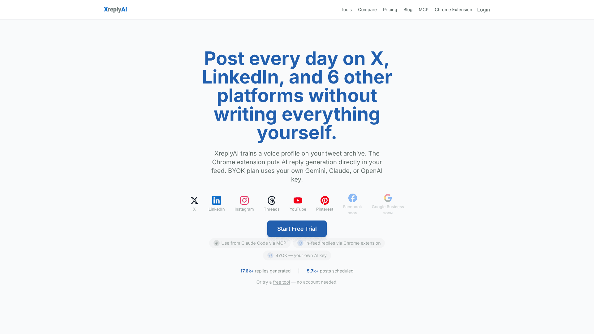 XreplyAI website showing an AI reply workflow for X