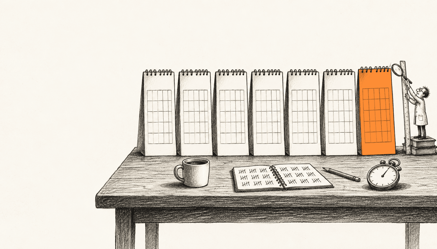 A tiny scientist measures seven calendar pages, with the last orange page slightly taller than the others; charcoal line art on cream.