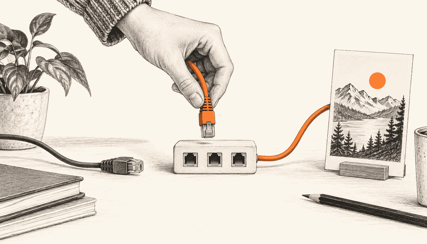 A hand reconnects an orange cable to a small socket board beside a post card, while an old connector lies unplugged. Charcoal pencil illustration on cream with orange highlights.