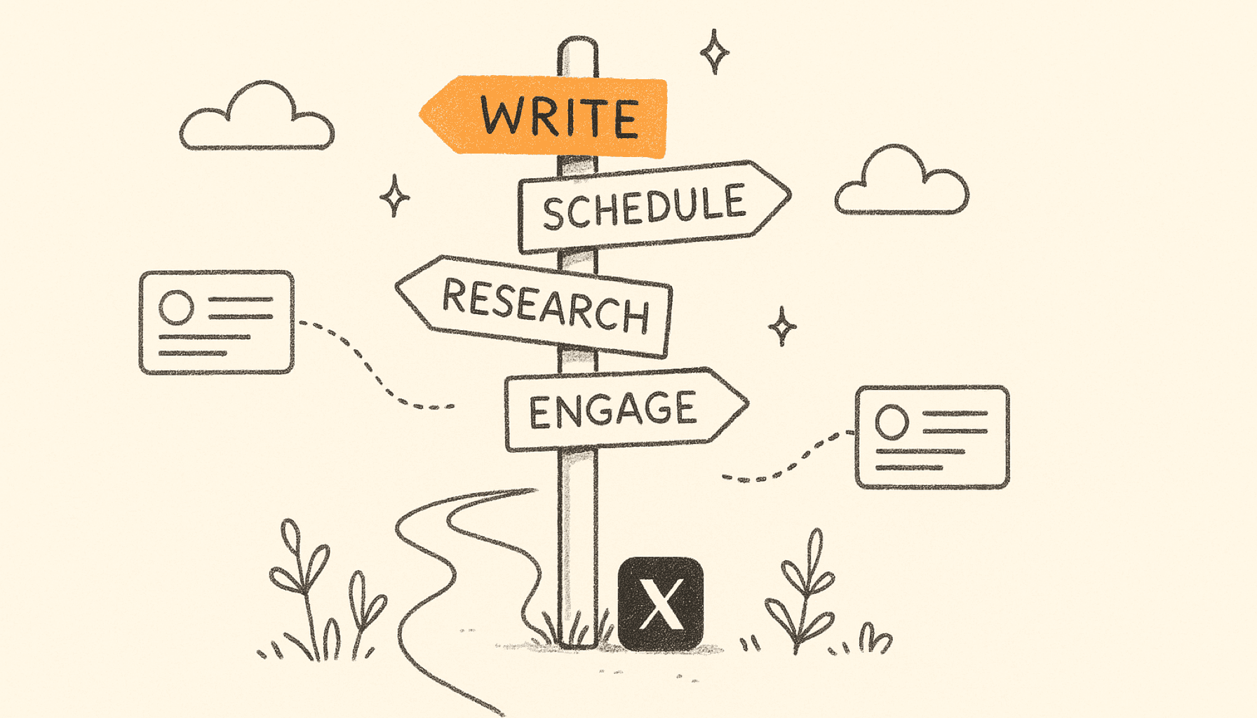 Four signposts at a crossroads labelled Write, Schedule, Research and Engage, with the Write sign painted orange and a small X logomark on the path, drawn in charcoal line art on cream.