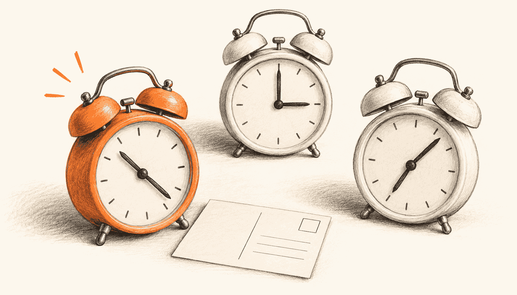 Three alarm clocks show different times, with a post card beside the orange clock in front. Charcoal pencil illustration on cream with orange highlights.