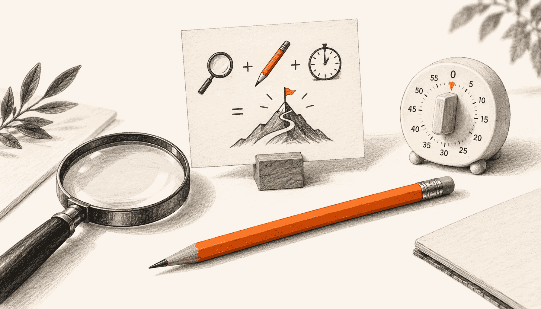 A magnifying glass, orange pencil and timer surround a post card, offering different tools for the publishing job. Charcoal pencil illustration on cream with orange highlights.