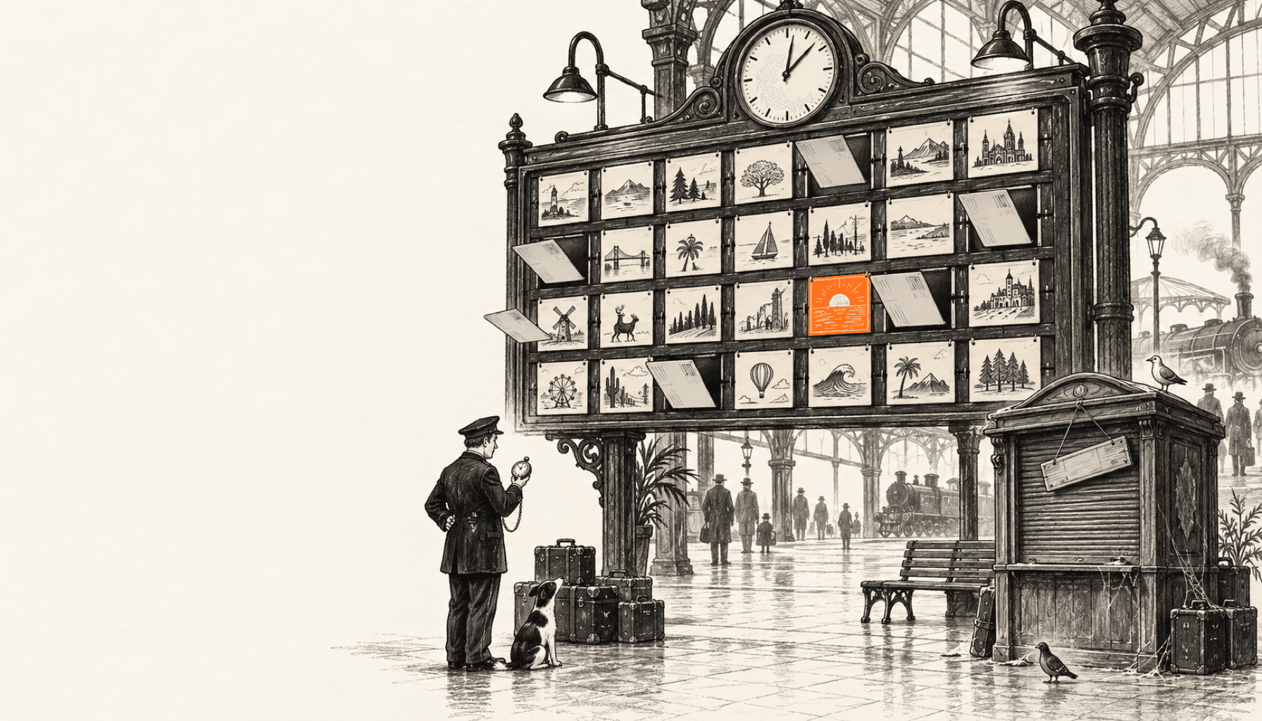A conductor checks a pocket watch beside a station departure board of postcards, with one orange slot and a shuttered ticket booth; charcoal line art on cream.