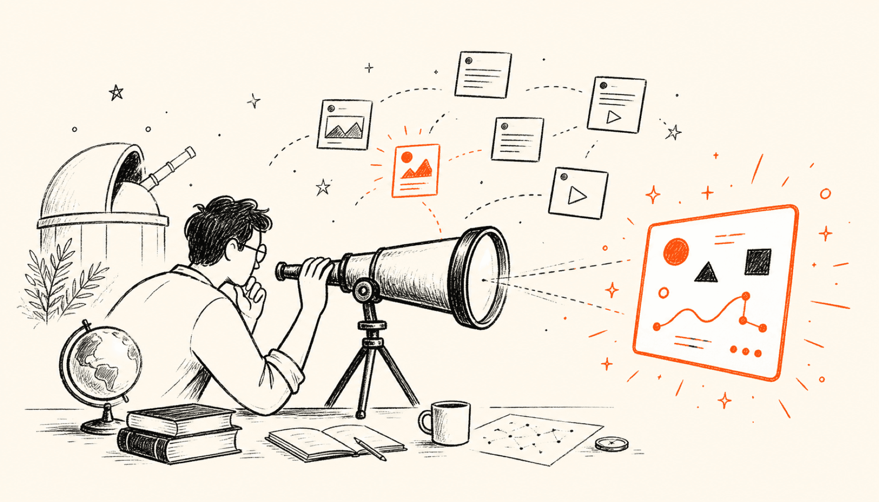 A founder studies a constellation of outlier X posts through a research lens and turns one pattern into an original idea card, drawn in charcoal line art on cream with orange highlights.