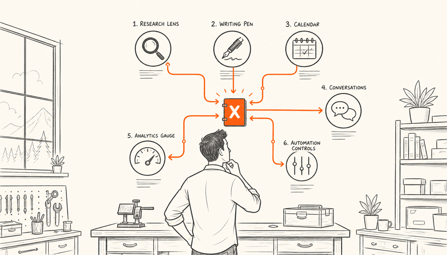 A founder routes six specialized growth instruments for research, writing, scheduling, conversations, analytics, and automation into one orange X workflow, drawn in charcoal line art on cream with orange highlights.