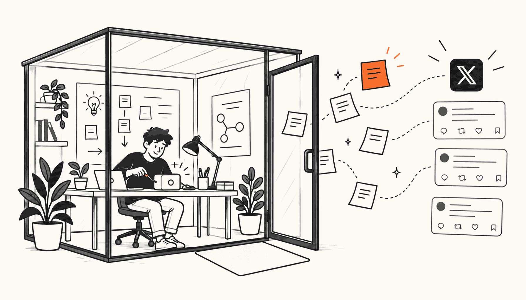 A glass-walled workshop with a founder building a small product while sticky-note post ideas float out the open door, one note in orange; charcoal line art on cream.