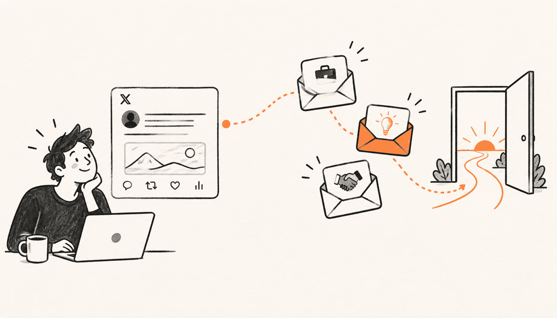 A founder beside an X post with incoming job, project, and collaboration offers and an open door, drawn in charcoal line art on cream with orange highlights.