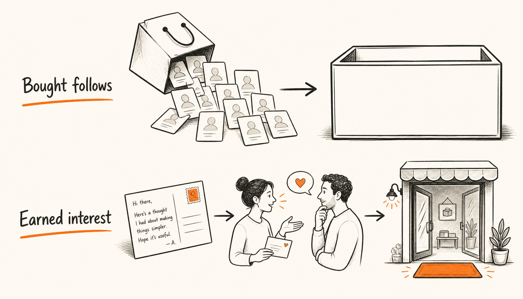 A bag of profile cards ends at an empty box while a written idea leads to a conversation and shop, labelled Bought follows and Earned interest.