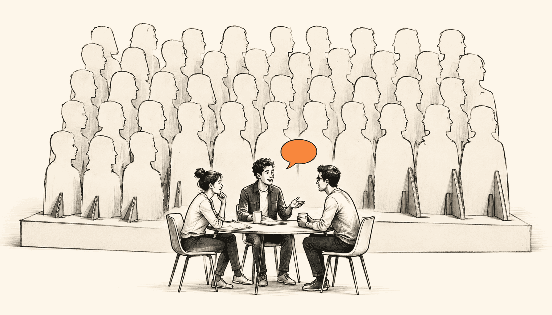 Three people having a conversation in front of a crowd of cardboard silhouettes, in charcoal line art on cream with an orange speech bubble.
