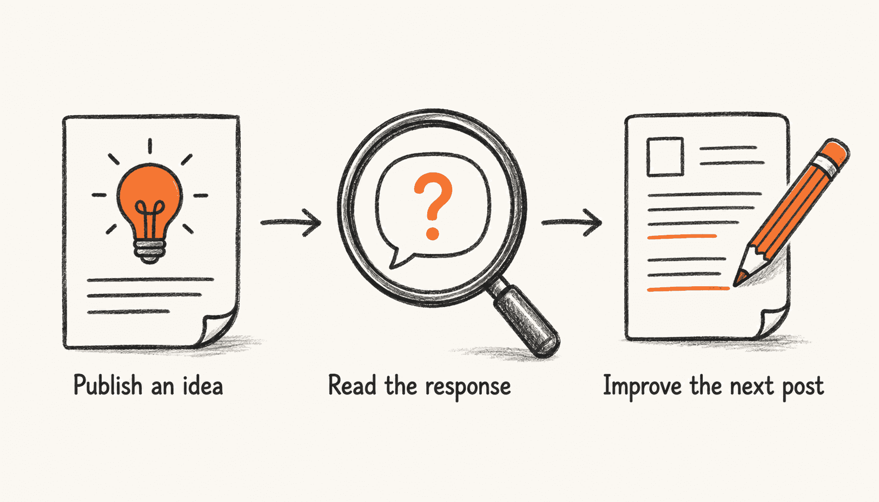 An idea, a question under a magnifying glass, and a revised page labelled Publish an idea, Read the response, and Improve the next post.