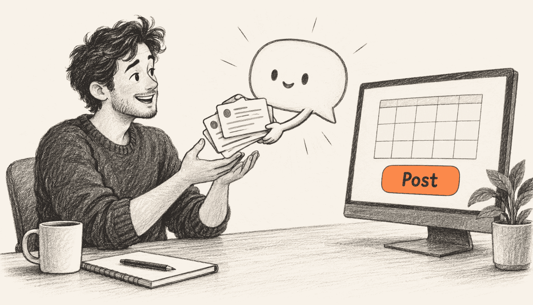 A founder at a desk receives draft cards from a friendly glowing chat bubble while an empty calendar and untouched orange Post button wait on the nearby monitor; charcoal pencil illustration on warm cream with a single orange accent.