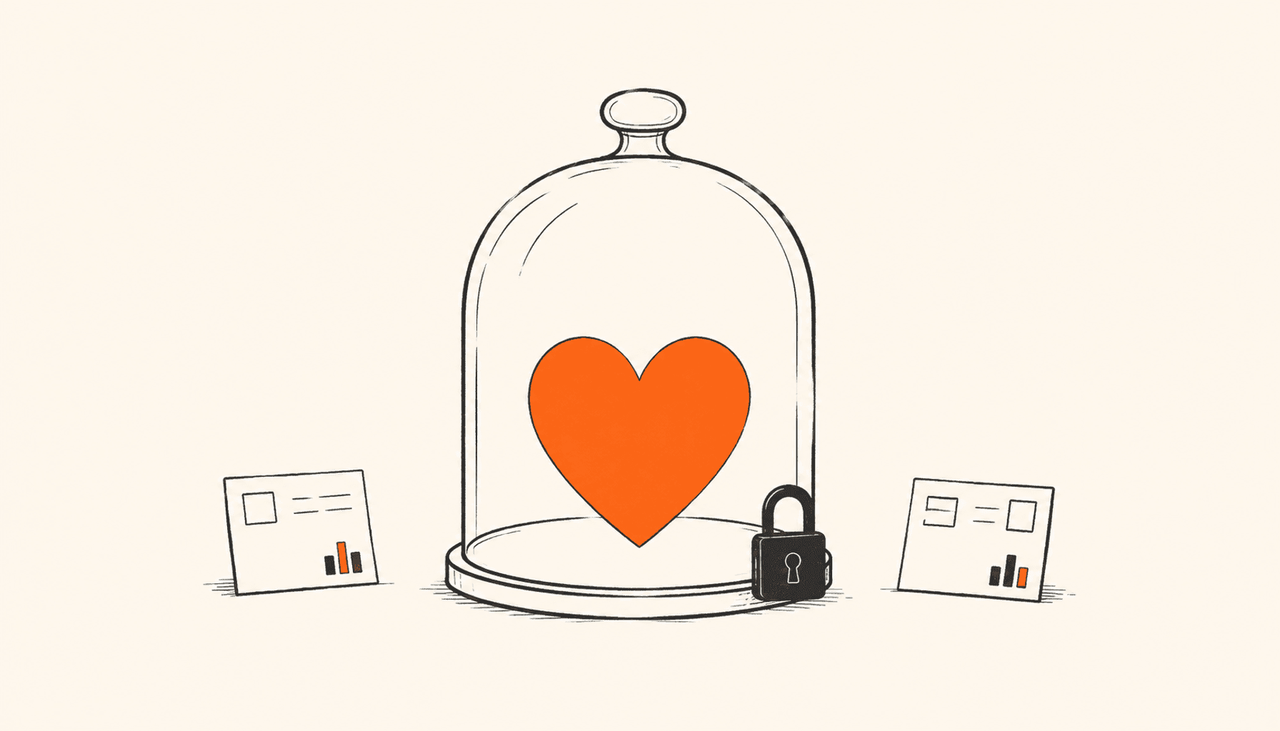 An orange heart beneath a glass bell jar with a padlock and two small post cards, in charcoal line art on cream.