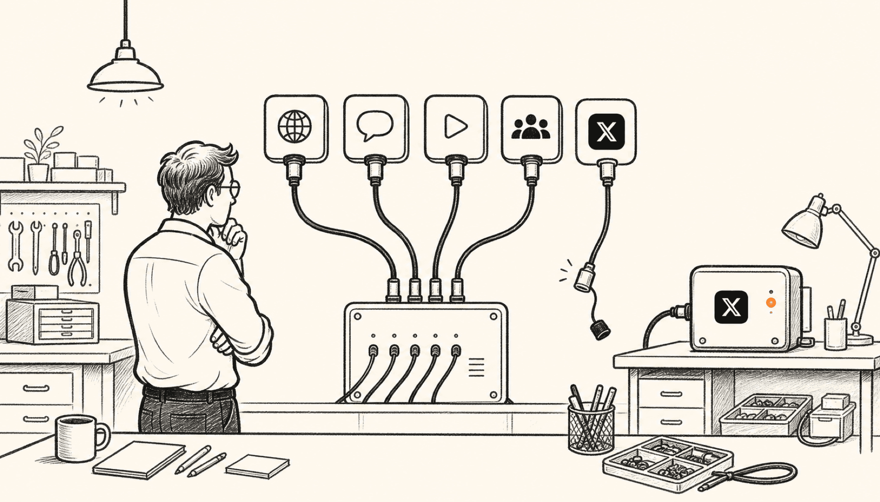 A founder inspects a multi-network routing board with its X cable disconnected beside a separate active X workstation, drawn in charcoal line art on cream with orange highlights.