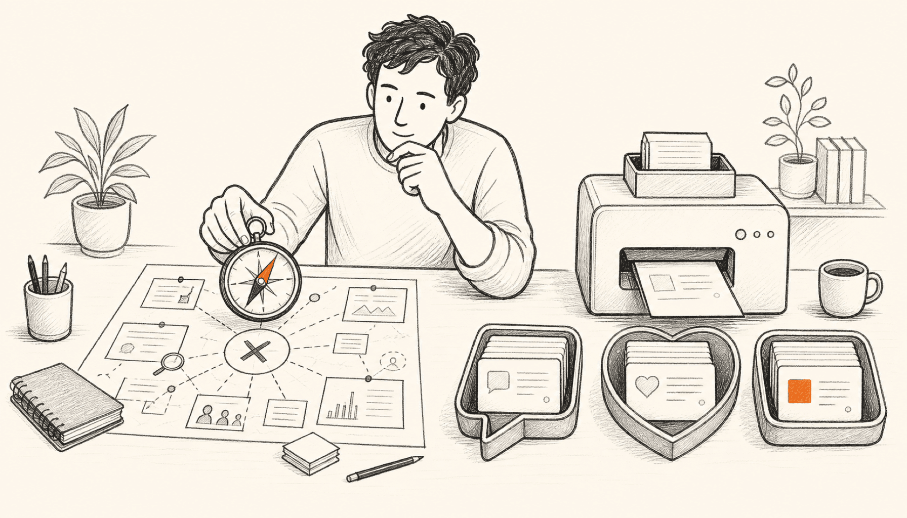 A founder uses a research compass beside a printer feeding three organized stacks of social post cards, drawn in charcoal line art on cream with orange highlights.