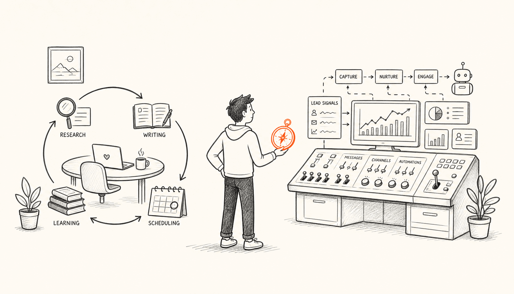 A founder uses an orange compass to compare a focused research, writing, scheduling, and learning loop with a broad automation and analytics control desk, drawn in charcoal line art on cream with orange highlights.