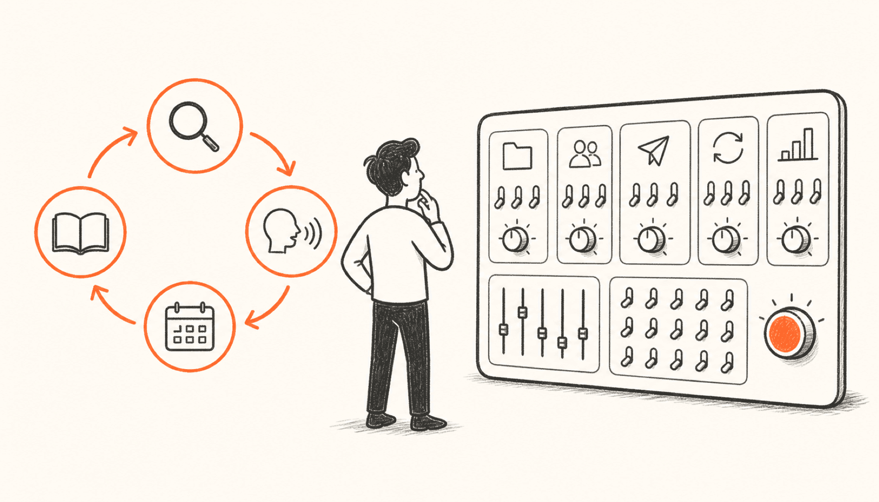 A founder compares a focused X learning loop with a larger automation control panel, drawn in charcoal line art on cream with orange highlights.