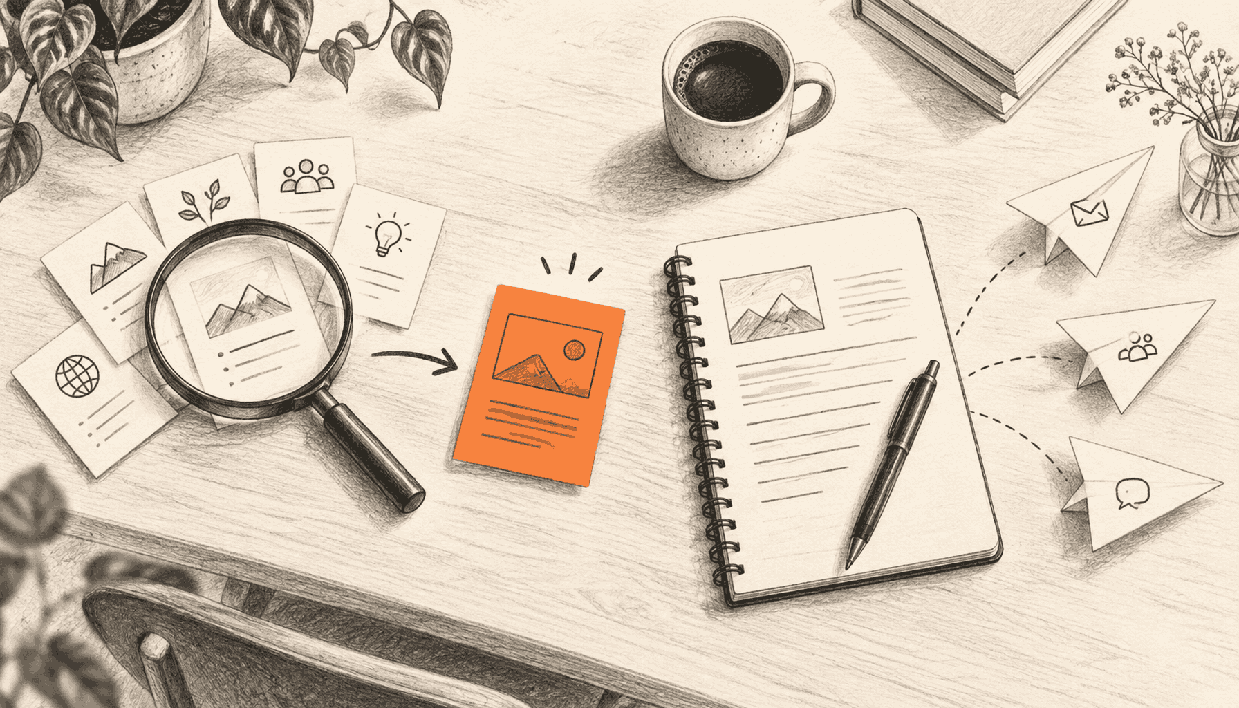 Research cards and a magnifying glass lead to an orange draft beside a notebook and three paper airplanes. Charcoal pencil illustration on cream with orange highlights.