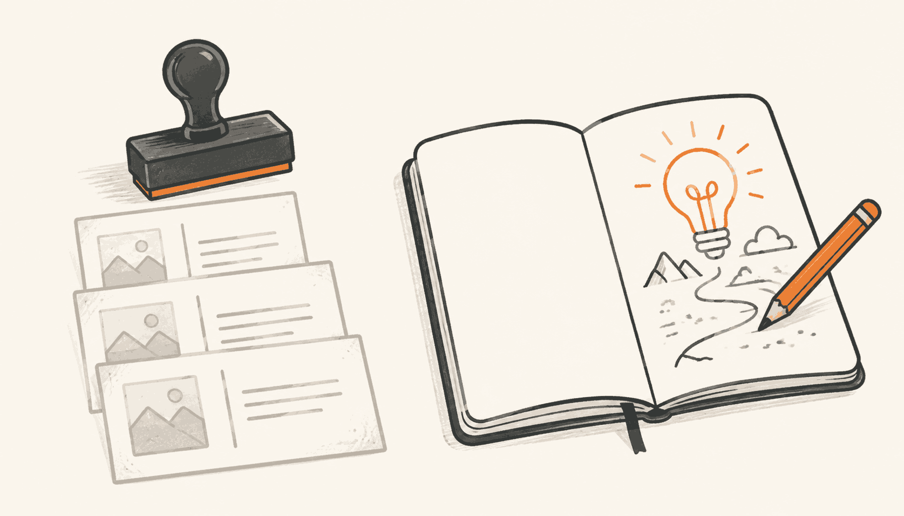 A stamp repeating post cards beside a notebook with a new idea and orange pencil, in charcoal line art on cream.