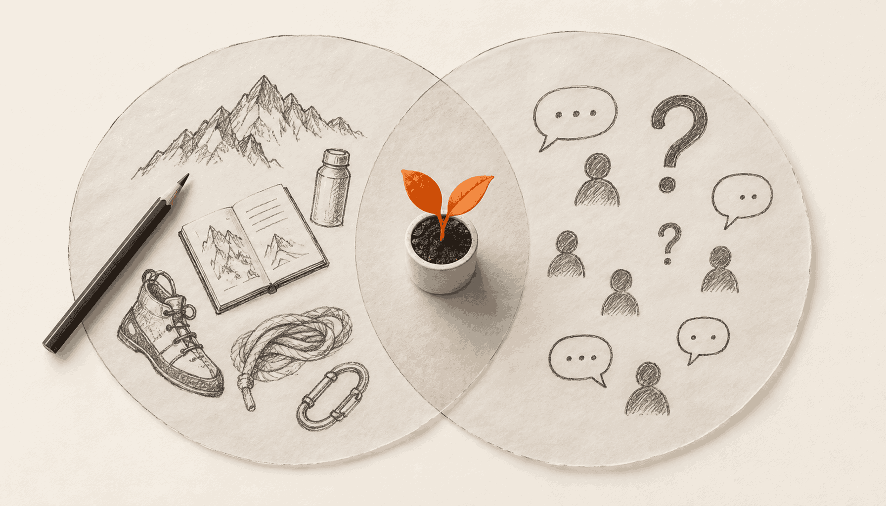 An orange sprout stands where two translucent sheets overlap, between sketches of experience and audience questions. Charcoal pencil illustration on cream with orange highlights.