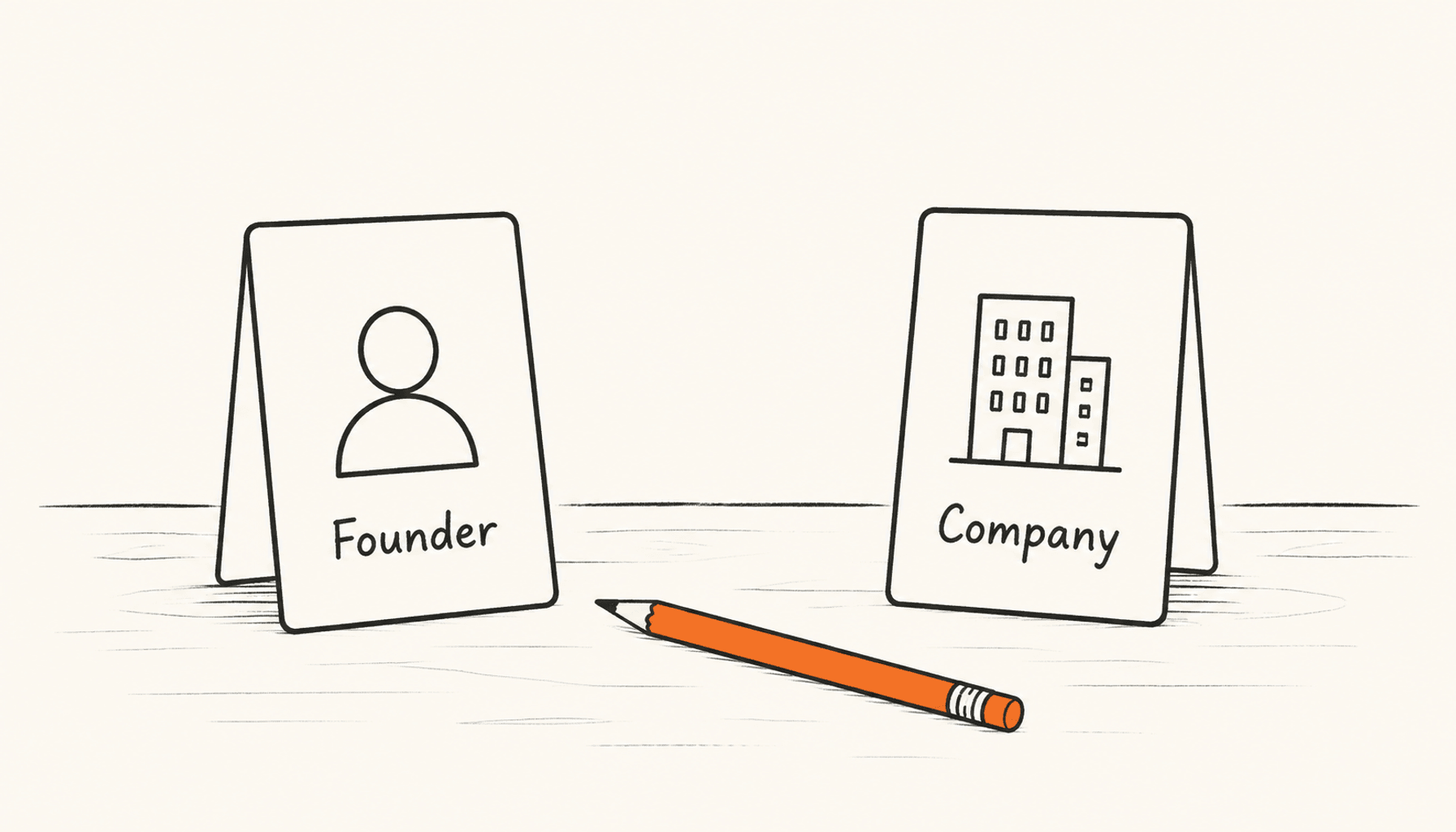 Two identity cards showing a portrait and an office building beside an orange pencil, in charcoal line art on cream.