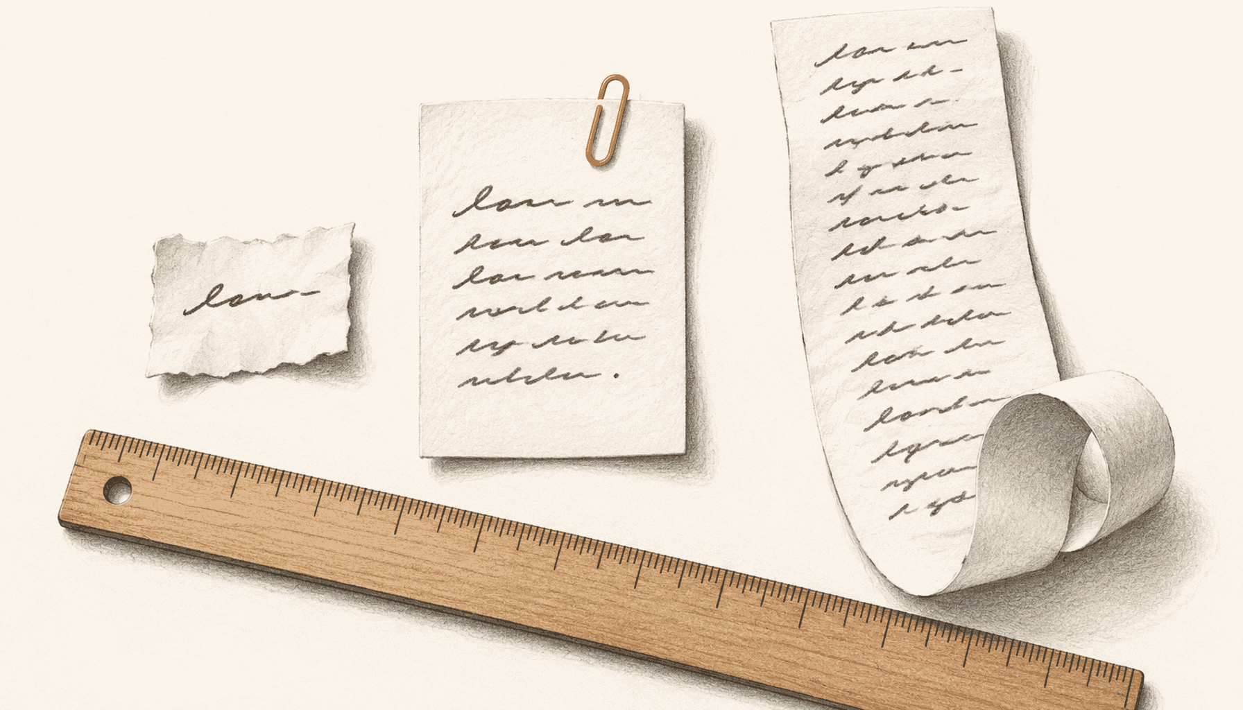 Three paper notes of different lengths lie beside a ruler, with an orange paperclip marking the middle note. Charcoal pencil illustration on cream with orange highlights.