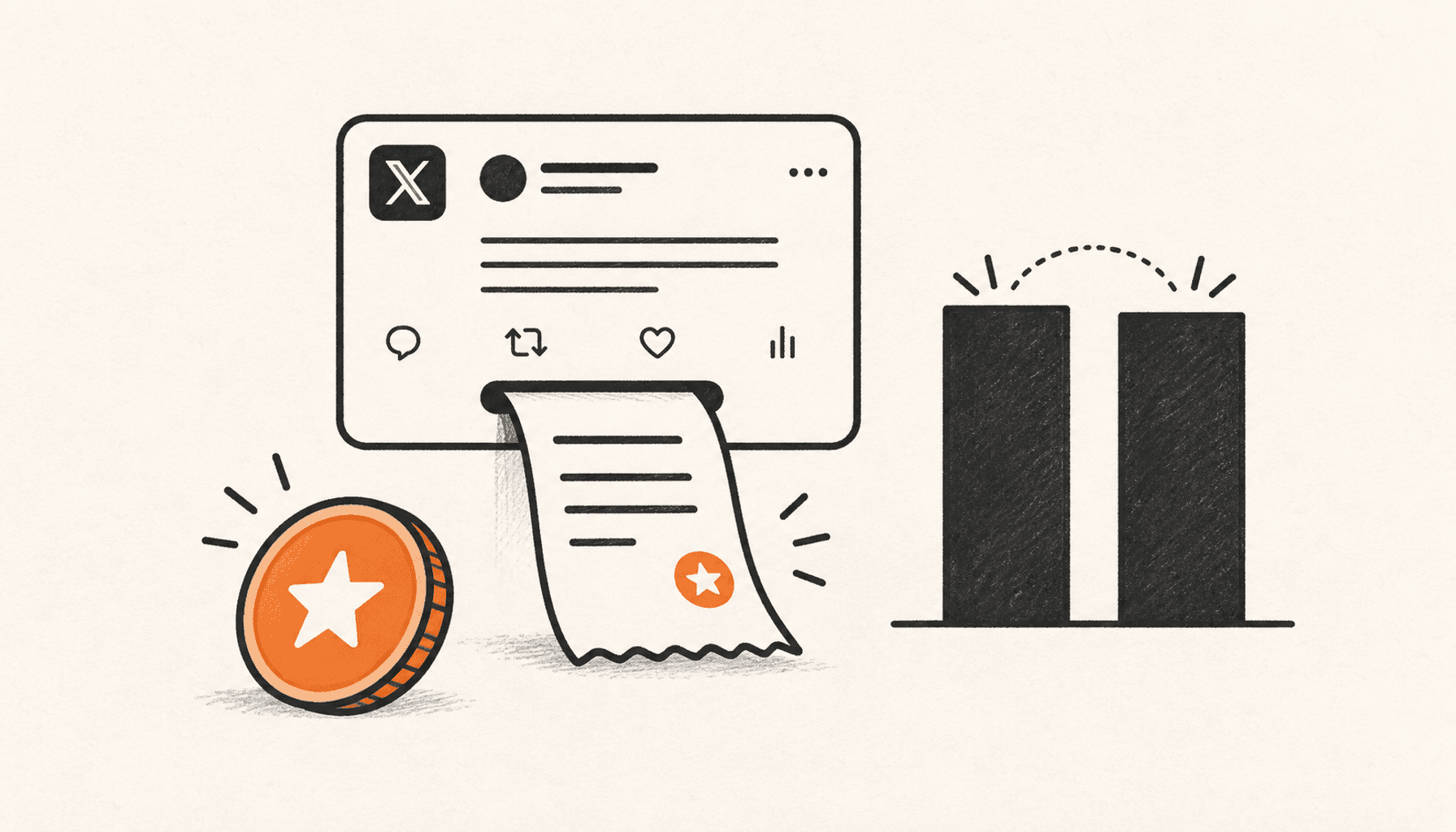 An X post produces a payout receipt beside a reward coin and two nearly equal comparison bars, drawn in charcoal line art on cream with orange highlights.