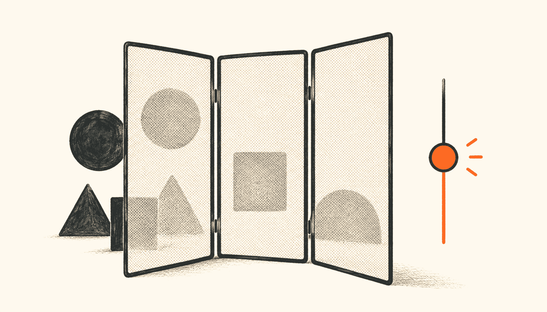 A folding screen filters geometric shapes beside an orange slider, in charcoal line art on cream.