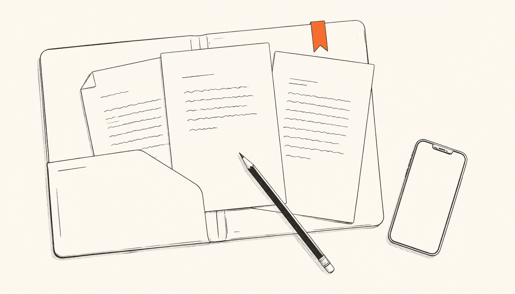 An open folder of unfinished pages with a pencil, phone, and orange bookmark, in charcoal line art on cream.