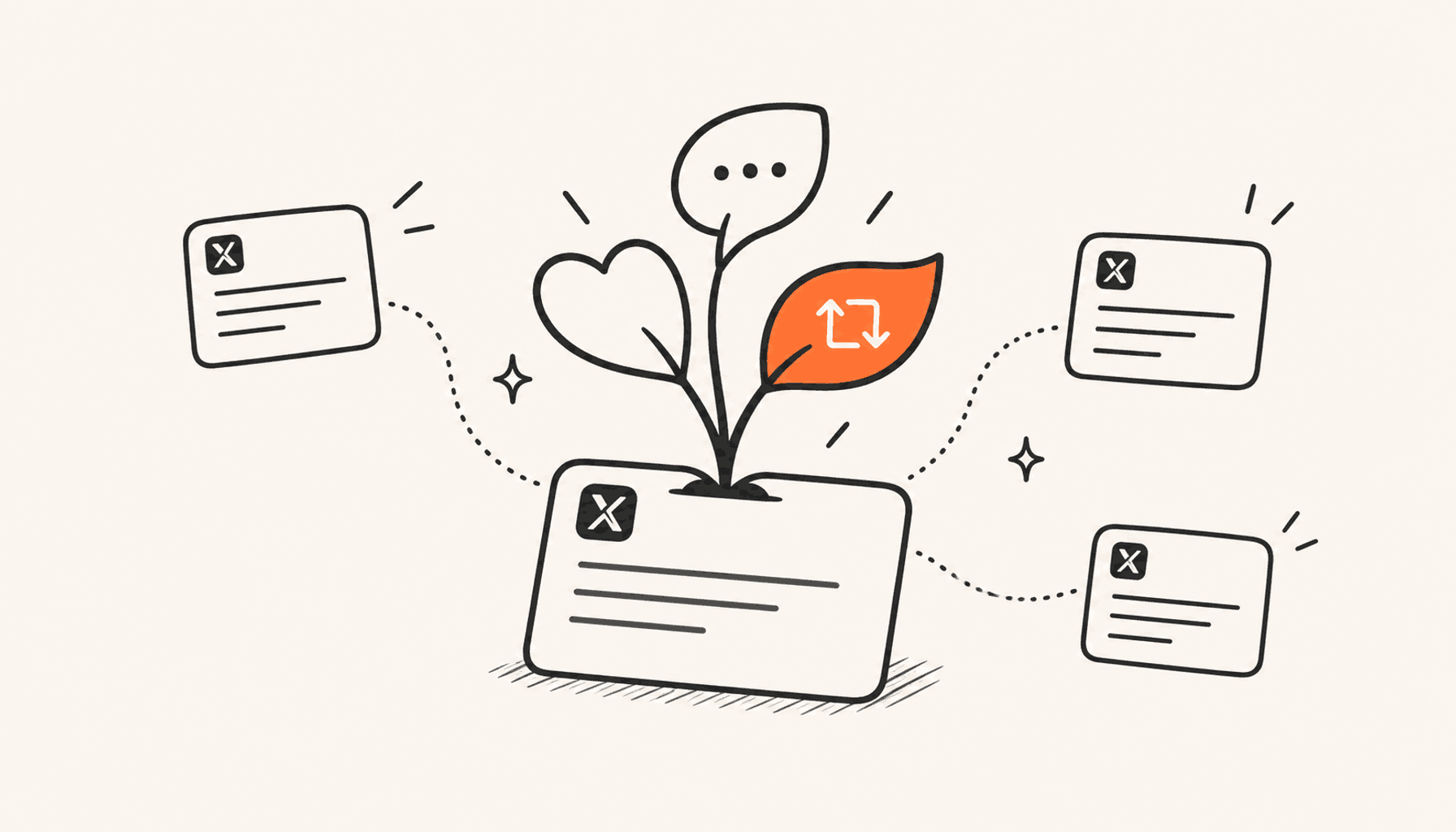 A small plant growing out of an X post card with heart, reply and repost icons as leaves, one leaf in orange; charcoal line art on cream.