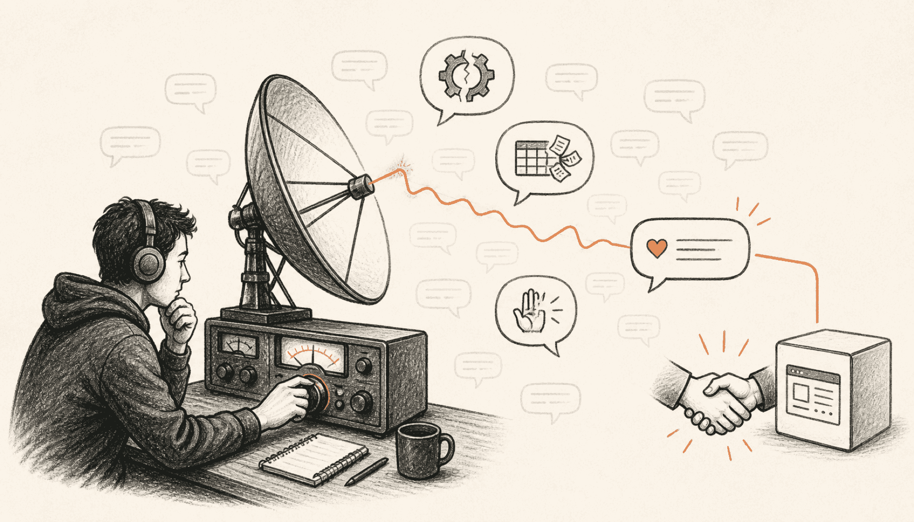 A founder at a listening station tunes into public problem signals and turns one relevant conversation into a first customer handshake, drawn in charcoal line art on cream with orange highlights.