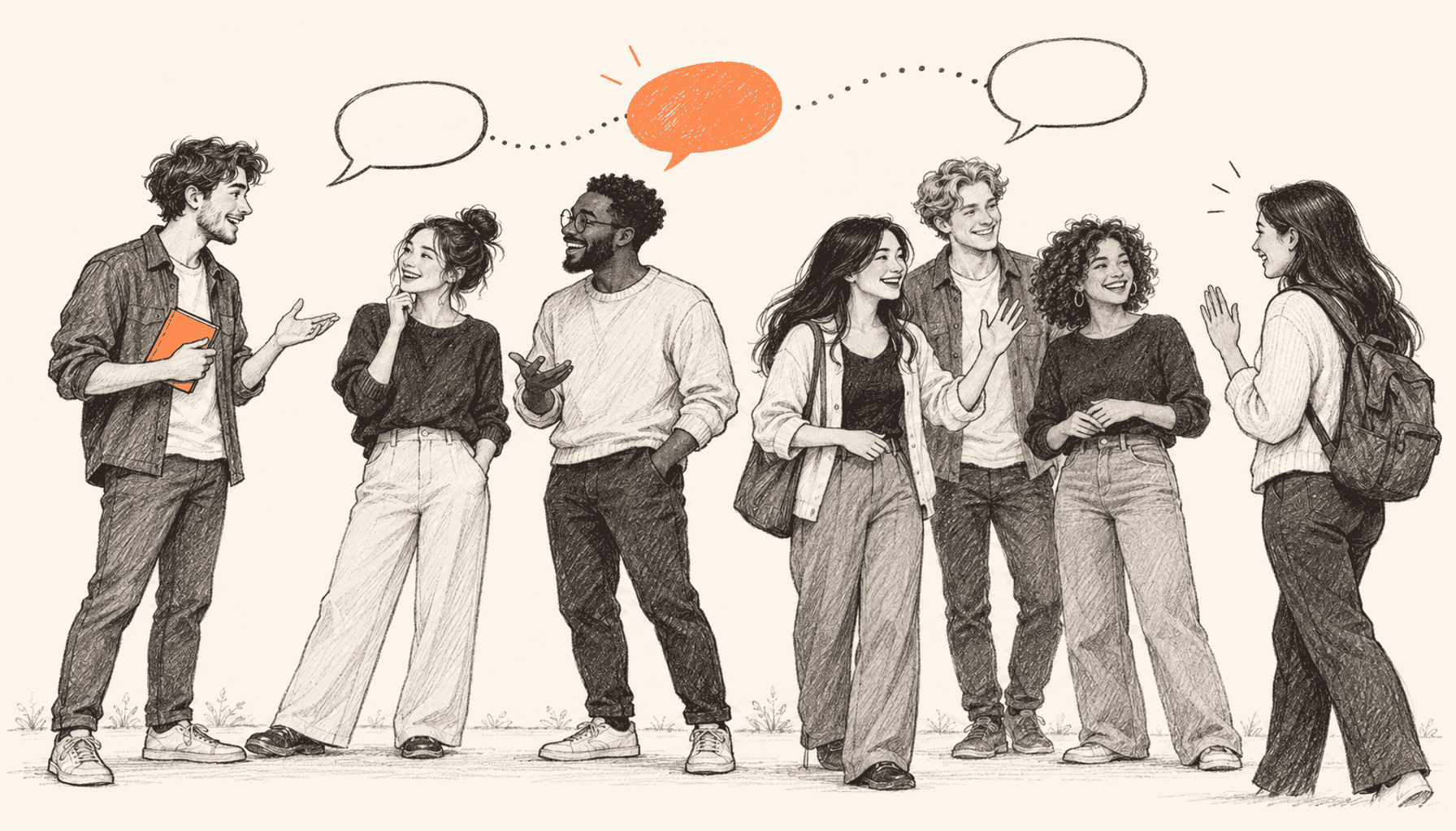 A creator holding an orange notebook talks with a growing group of people beneath connected speech bubbles as they welcome a newcomer; charcoal pencil line art on cream with orange highlights.