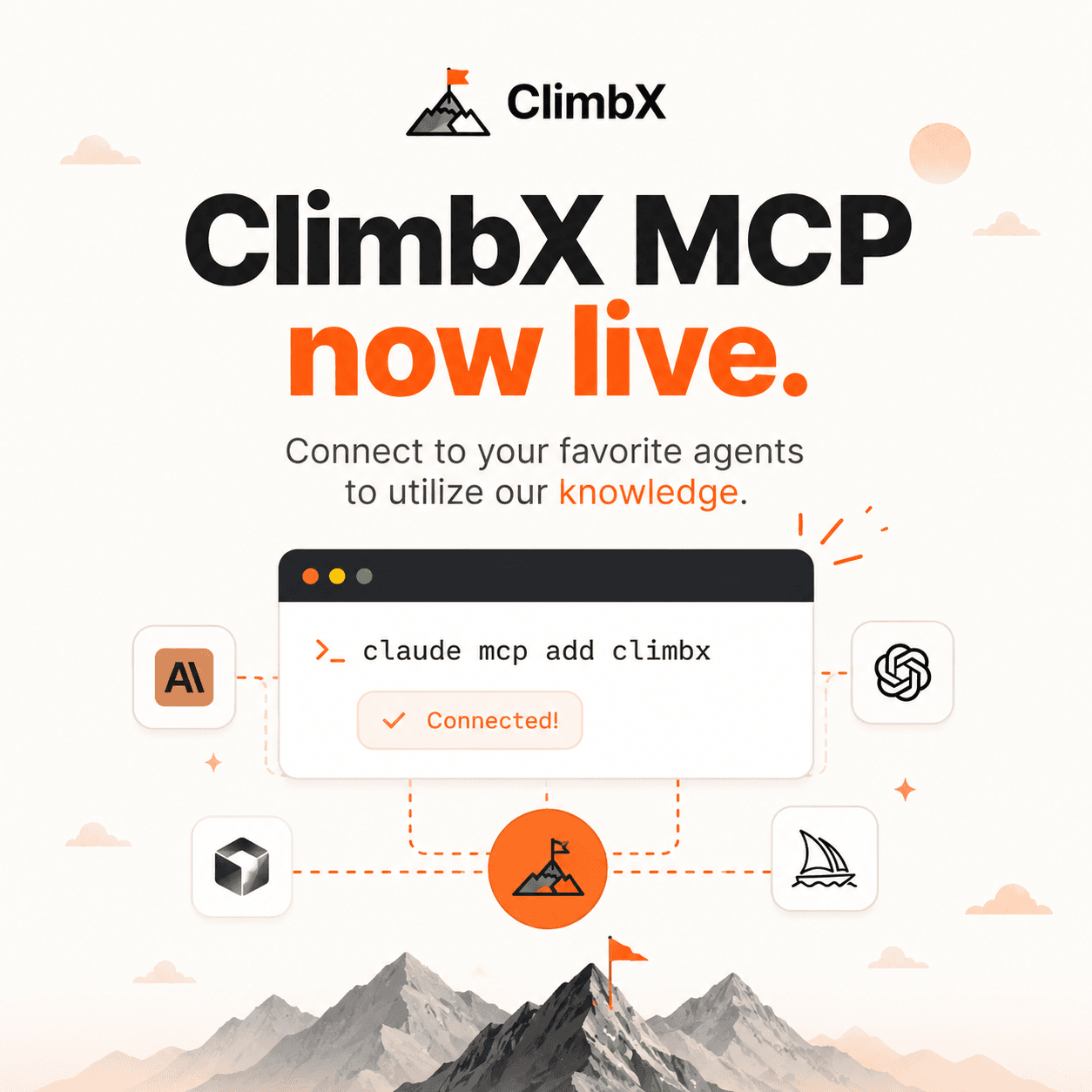 ClimbX MCP now live: a terminal window running claude mcp add climbx with a Connected confirmation, linked to Claude, OpenAI, and other agent icons above a mountain summit.