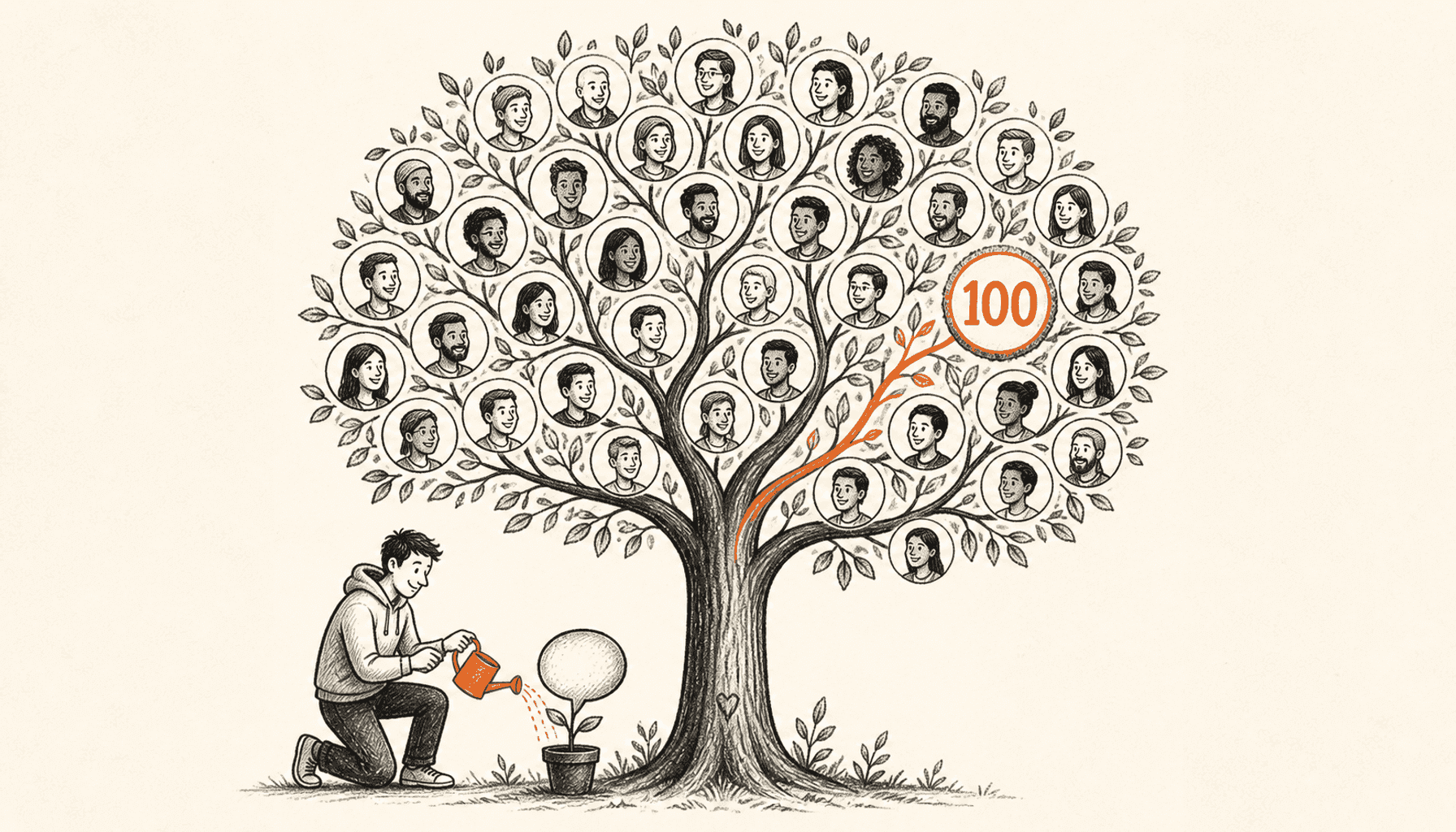 A creator waters a conversation seedling beneath a large community tree filled with profile portraits and an orange milestone marked 100, drawn in charcoal line art on cream.