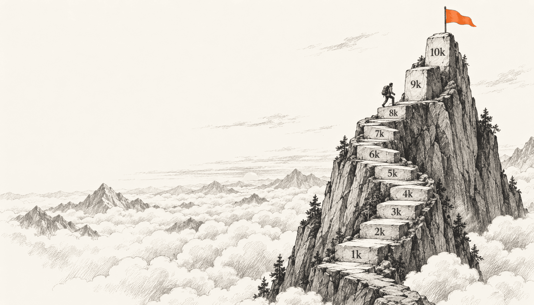 A climber ascends mountain steps labeled 1k through 10k, with taller final steps and an orange summit flag; charcoal line art on cream.