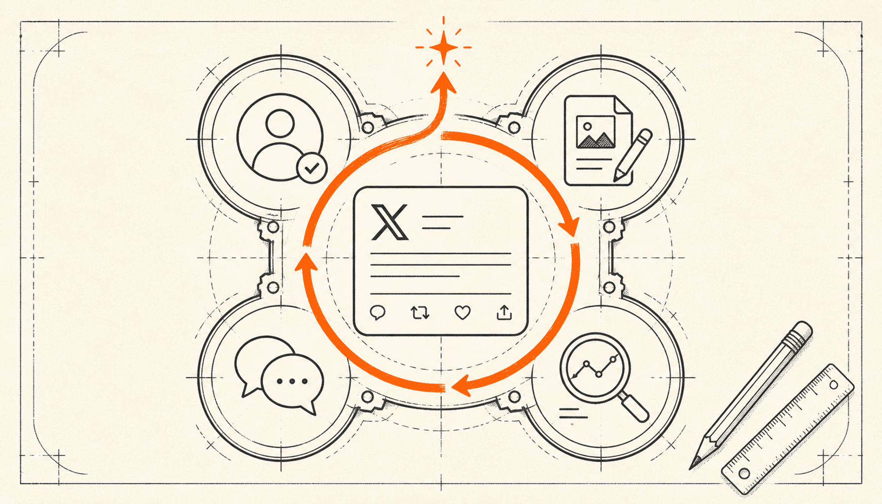 A central X post powers a blueprint-style flywheel connecting profile, content, conversations, and analytics, drawn in charcoal line art on cream with a circular orange arrow.
