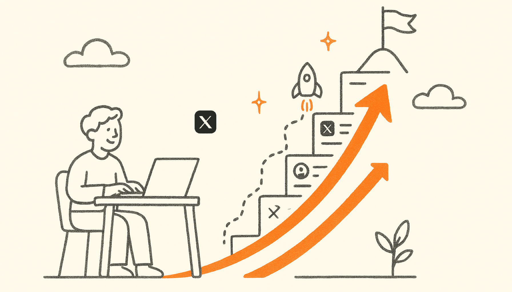 A founder at a laptop builds a staircase out of X post cards that climbs toward a small summit flag, with an orange growth arrow rising beside it, drawn in charcoal line art on cream.