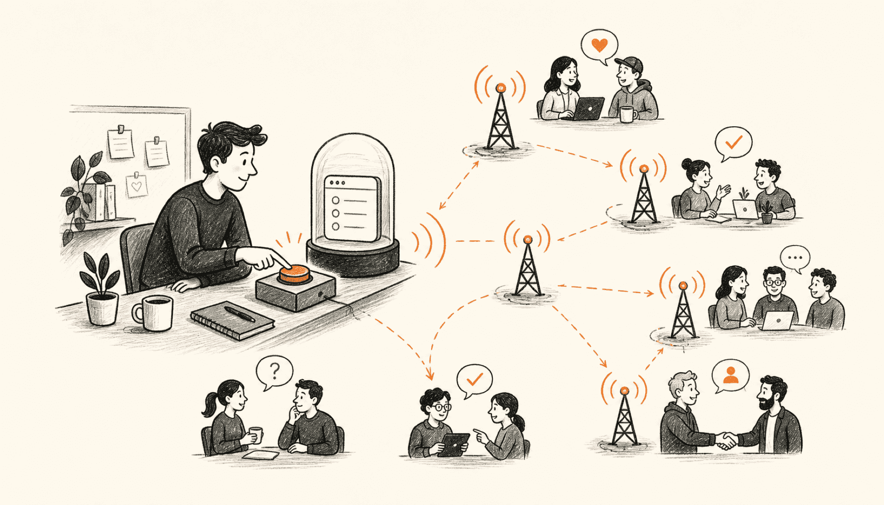 A solo founder in a compact launch control room sends a small SaaS product signal through several community relay towers, drawn in charcoal line art on cream with orange highlights.