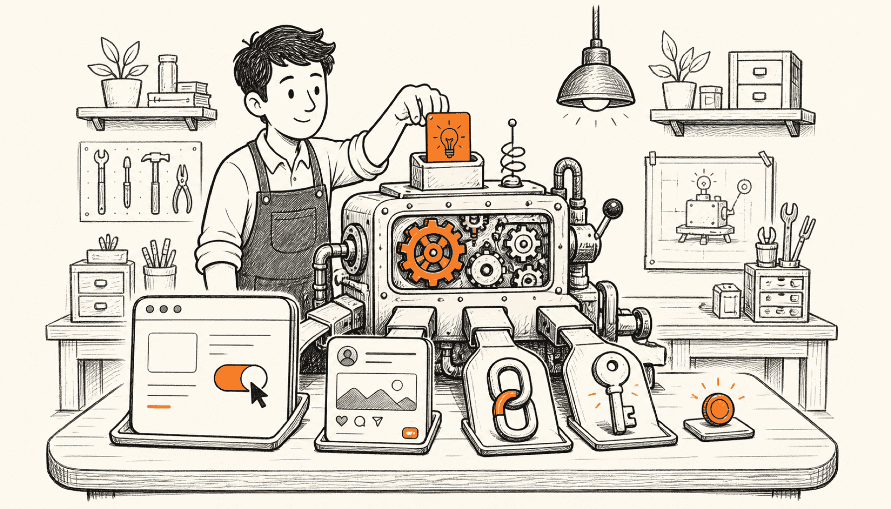 A SaaS founder operates a compact creator workshop where an idea press produces a software product, a sponsored post, an affiliate token, a subscription key, and a payout coin, drawn in charcoal line art on cream with orange highlights.