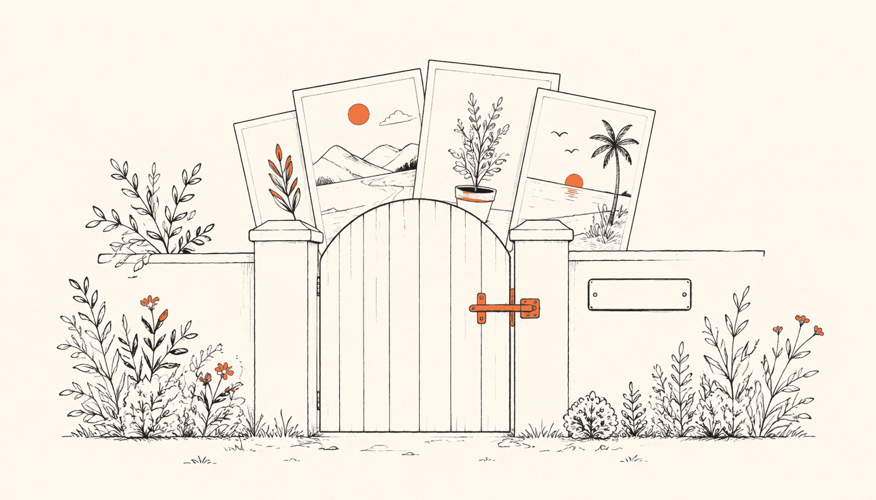 Post cards behind a garden gate with an orange latch and a profile nameplate outside, in charcoal line art on cream.