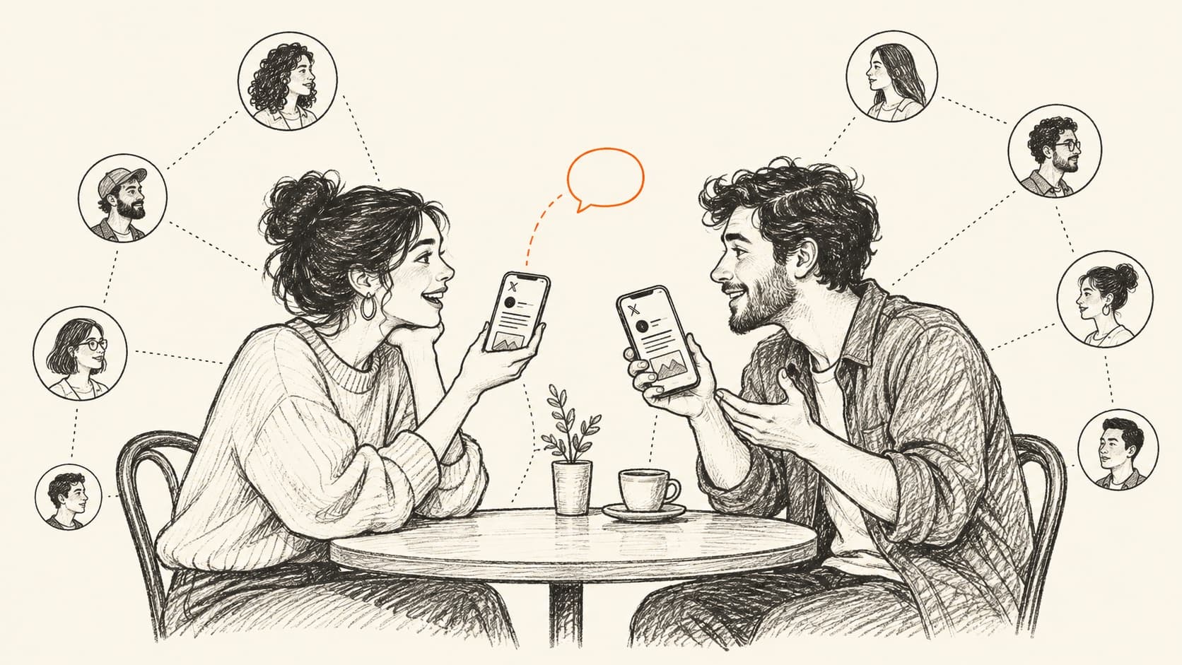 Two people at a café table lean toward each other mid-conversation, each holding a phone showing an X post, surrounded by a network of profile portraits joined by dotted lines, with one orange speech bubble, drawn in charcoal line art on cream.