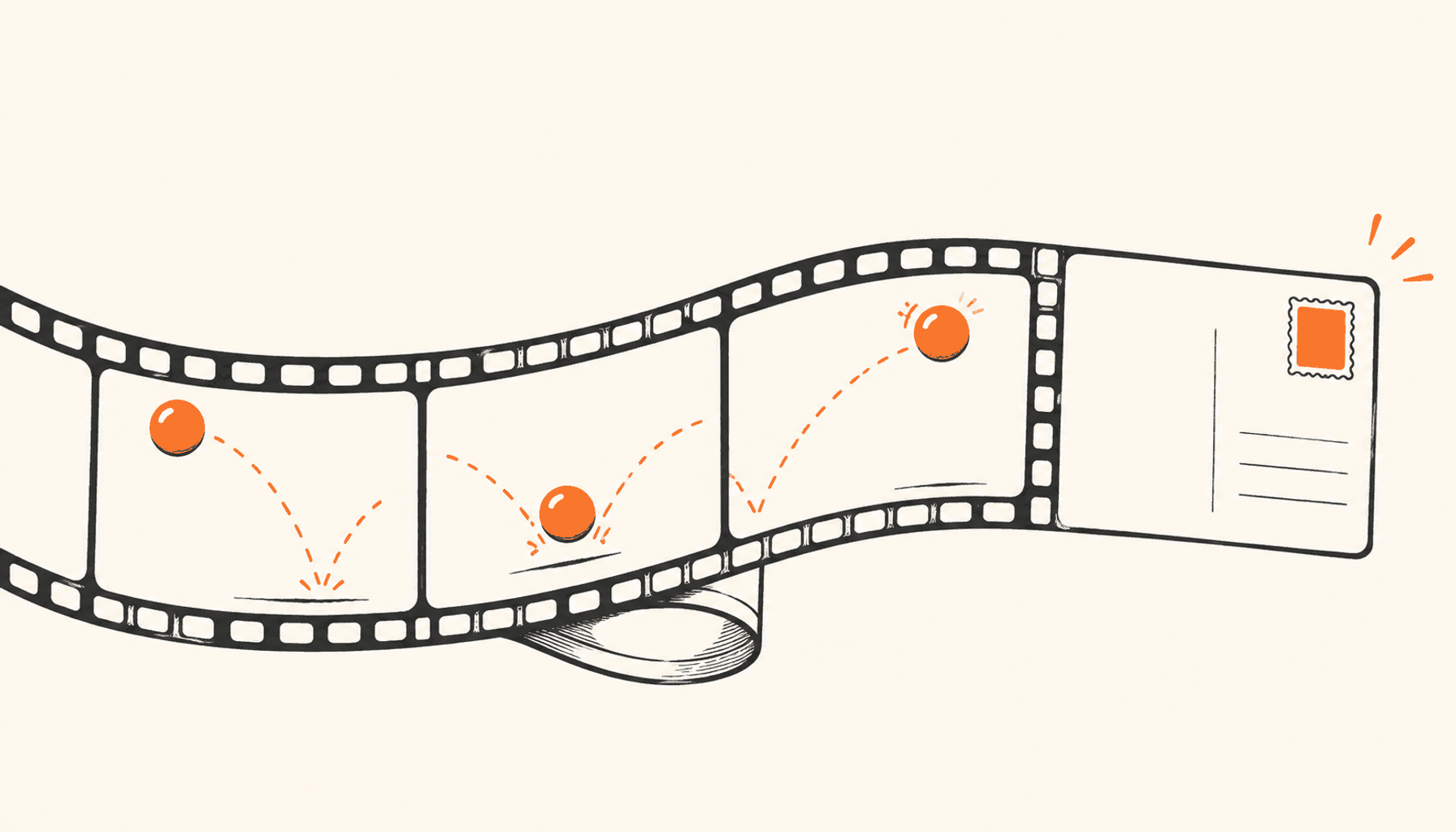 A curved filmstrip showing stages of an orange ball bouncing into a post card, in charcoal line art on cream.
