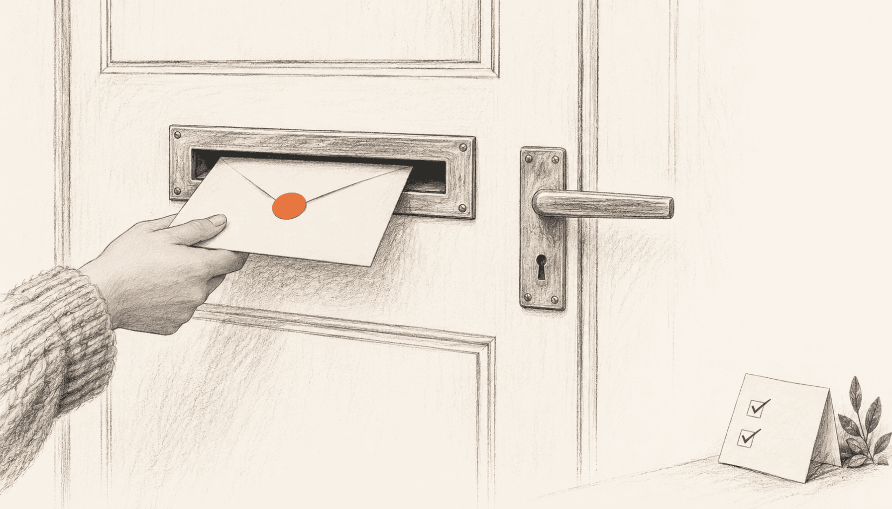 A hand slides one envelope with an orange seal into a closed door’s mail slot beside a short checklist. Charcoal pencil illustration on cream with orange highlights.