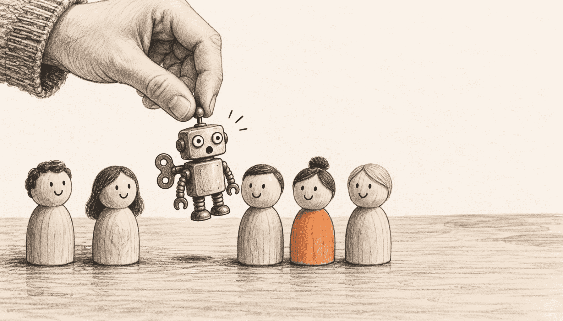 A hand gently lifts a surprised wind-up robot from a row of five smiling wooden audience figures, one wearing orange; charcoal pencil illustration on cream with orange highlights.